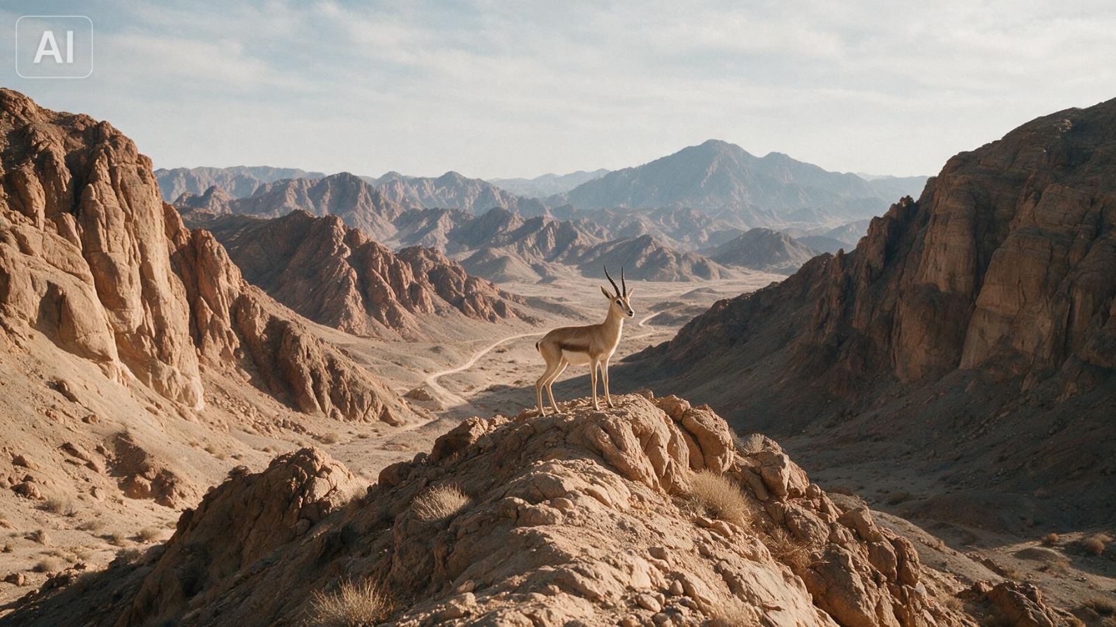 A Reem gazelle standing on a rocky ridge in the Egyptian desert mountains